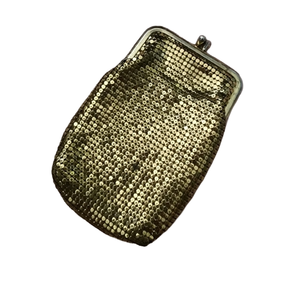 Whiting & Davis gold tone metallic mesh kisslock pouch